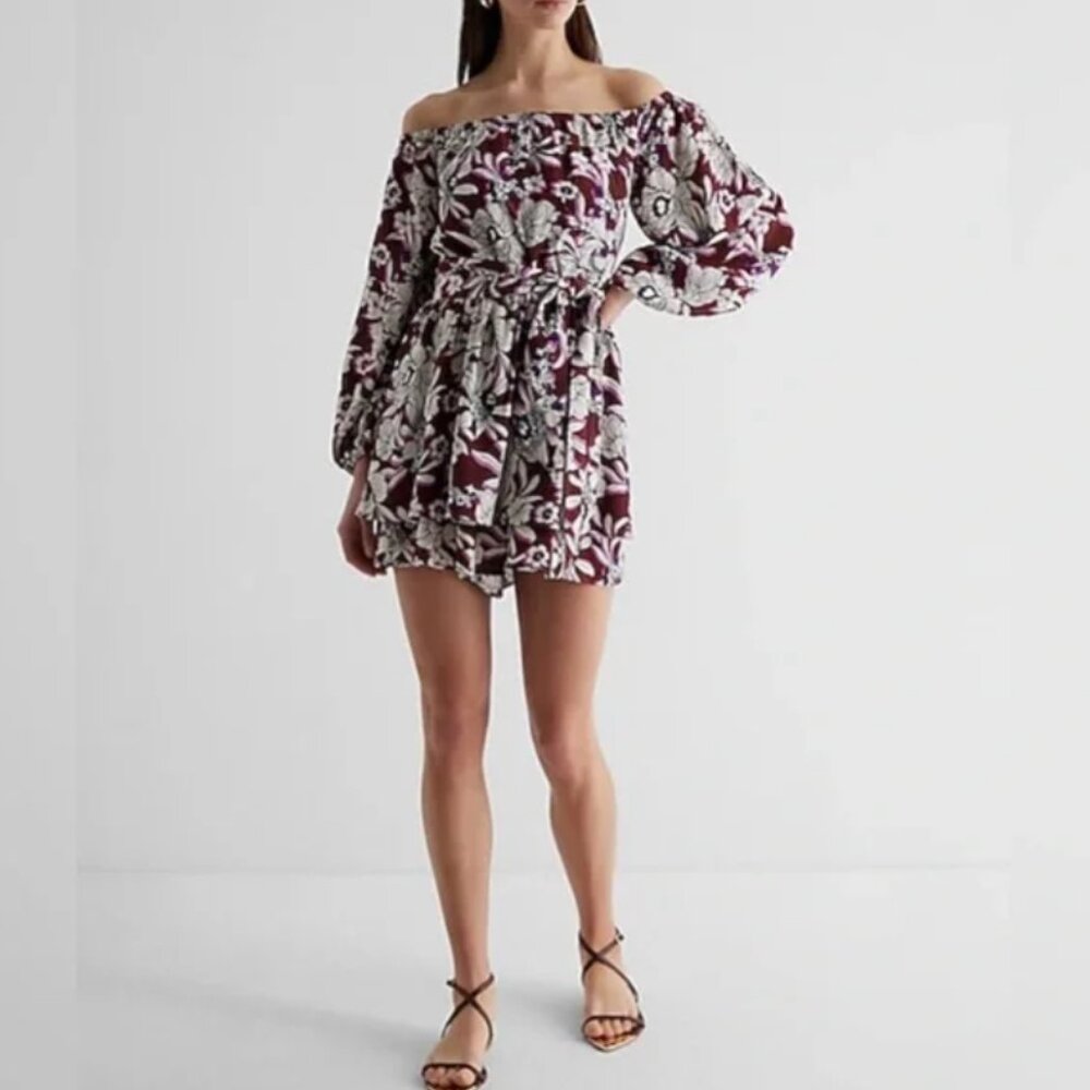 Express Floral Off The Shoulder Tie Waist Ruffle Romper S